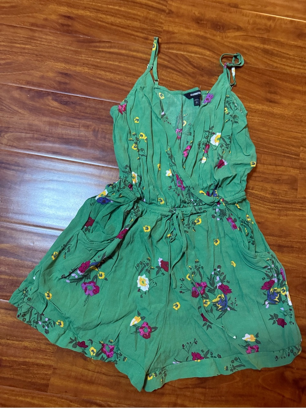 Express Green Floral Tie-Waist Sleeveless Romper | Fits like XS